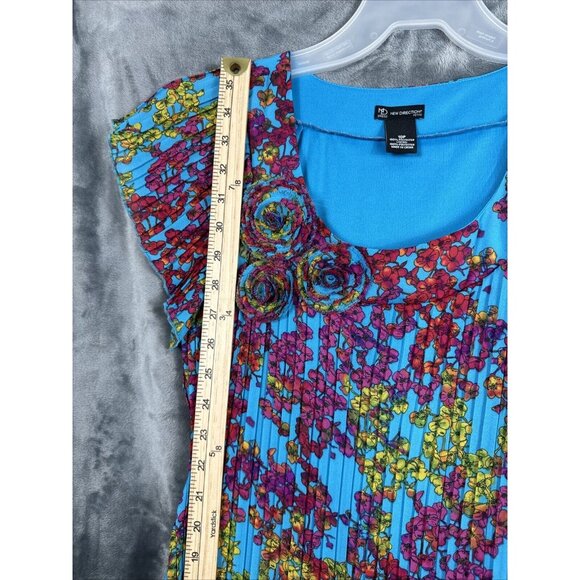 New Directions Dress Womens A Line Turquoise Blue Floral Pleated Short Sleeve - Picture 8 of 14